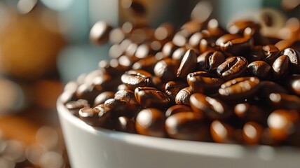 Close-up of aromatic coffee beans overflowing from the cup