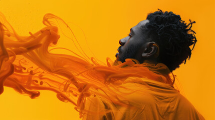 A side profile of african american man with vibrant orange smoke against a monochrome yellow backdrop