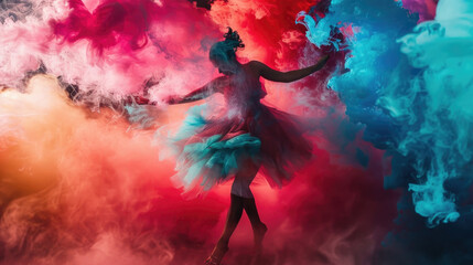 A woman stands confidently in front of a swirling, colorful cloud of smoke - obrazy, fototapety, plakaty