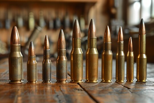 A variety of bullet shells in different sizes, showcasing the precision and craftsmanship of military ammunition production