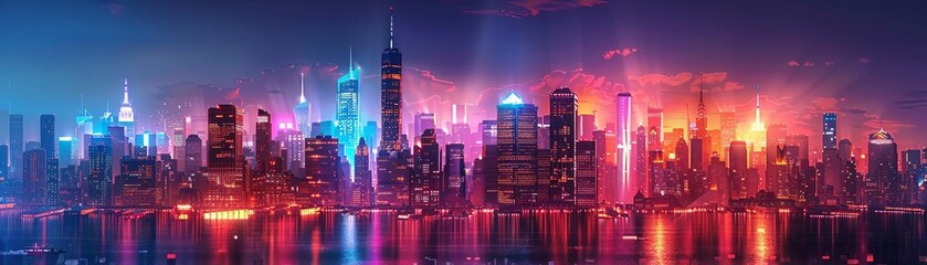 A futuristic cityscape with buildings adorned with stylish LED lighting and equipped with energy efficient appliances, conveying a message of sustainability and eco friendliness - obrazy, fototapety, plakaty
