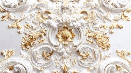 Fototapeta na wymiar a rich golden baroque ornament delicately engraved on a pristine white background. The intricate details and lavish curves of the design exude opulence and sophistication