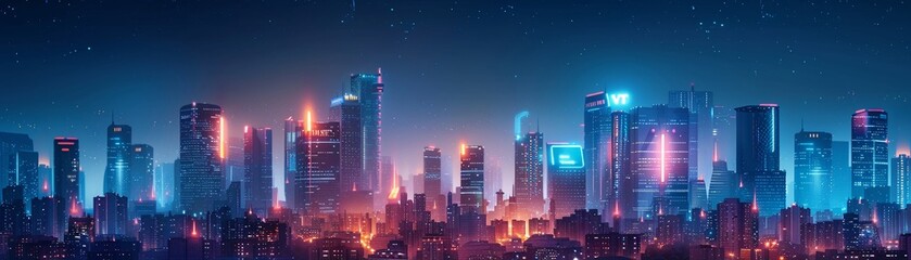 Illustrate a futuristic cityscape with buildings adorned with stylish LED lighting and equipped with energy efficient appliances, conveying a message of sustainability and eco friendliness - obrazy, fototapety, plakaty
