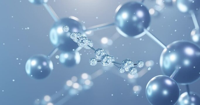 Polystyrene, rotating 3D model of synthetic polymer, seamless looped video, molecular structure with selective focus