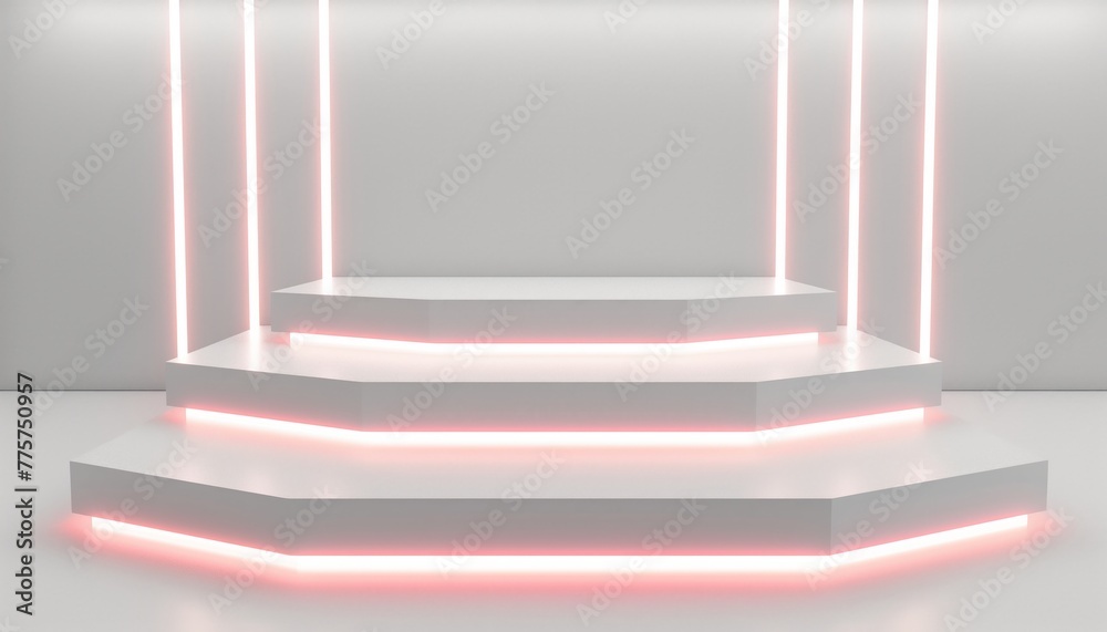 Wall mural 3D render white podium with white neon lights - Wall murals