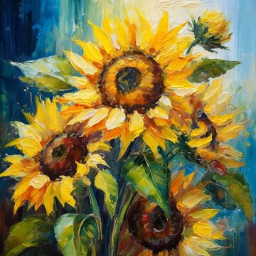 beautiful painting Sunflower Radiant Blooms: Oil Painted Sunflower Bouquet"