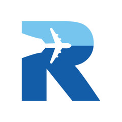 Logo travel. Letra inicial R con silueta de avión en espacio negativo para agencia de viajes - 775751168