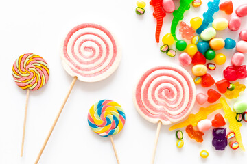 Set of colorful candies and lollipop. Sweet food and candies background