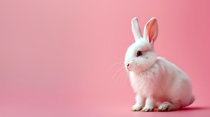 Adorable baby white rabbit sitting on pink background