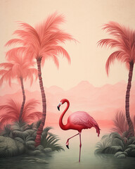Fototapeta premium Flamingo - Tropical Wildlife Illustration: Vibrant Island Scenes with Palm Trees and Exotic Animal - Vintage Wallpaper - Nature-inspired Art - Tropical Decor - Wildlife Artwork