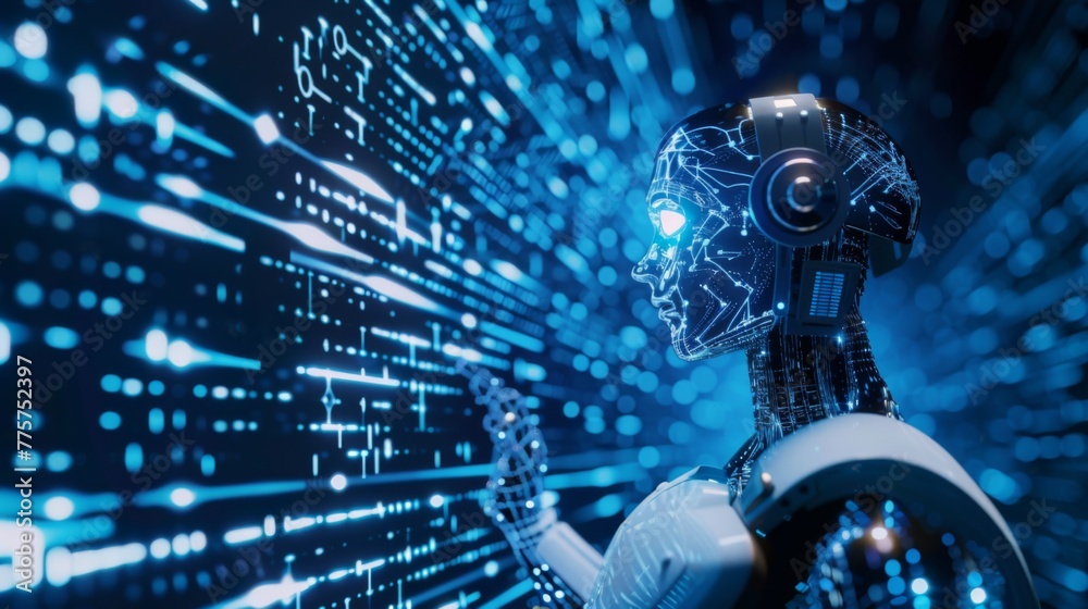 Fototapete robot analyzing screen with streaming numbers