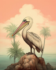 Fototapeta premium Pelican - Tropical Wildlife Illustration: Vibrant Island Scenes with Palm Trees and Exotic Animal - Vintage Wallpaper - Nature-inspired Art - Tropical Decor - Wildlife Artwork