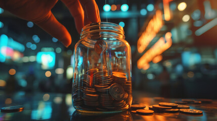 Detailed shot of a hand dropping coins into a jar labeled Savings, against a backdrop of falling stocks. - obrazy, fototapety, plakaty