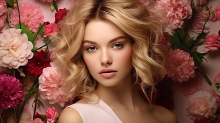 Naklejka premium Beautiful young blonde woman, posing in a studio with flowers