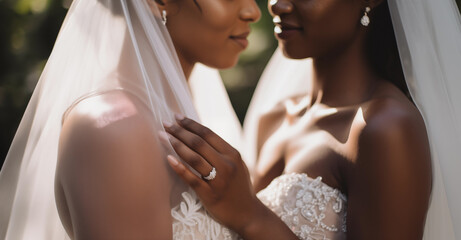 Intimate moment between diverse brides, tender touch against soft focus nature backdrop, symbolizing love and LGBTQ+ weddings. - obrazy, fototapety, plakaty