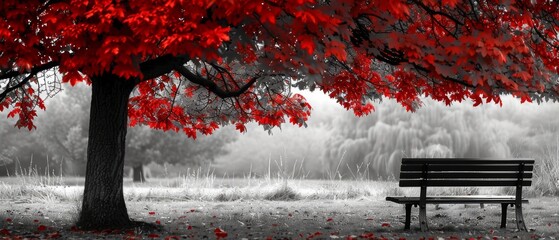 Black and white photograph of an empty park bench under a red tree