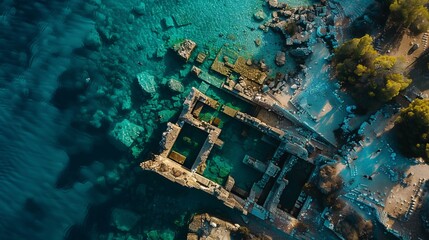 Aerial Drone View of the Ancient Sunken City of Epidaurus in Argolida, Greece. Greek Atlantis Underwater with Well-Preserved Ruins and Breakwater. Swimmers Explore the Old City in the Shallow Sea. - obrazy, fototapety, plakaty