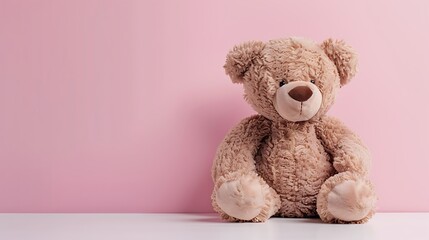 brown teddy bear with a sad face sits on a white table pink background