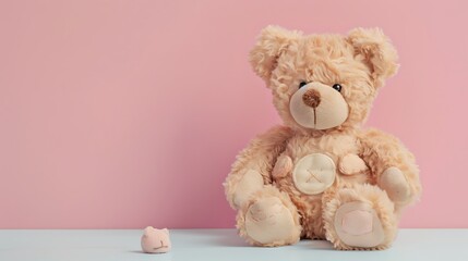 brown teddy bear with patches sits on a white table pink background