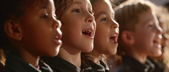 Choir of school children singing together - obrazy, fototapety, plakaty