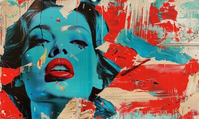 Colorful pop art collage featuring abstract retro female lips in a modern setting, Bold colors, artistic expression, beauty concept