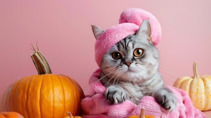 Cat wearing loofah spa Halloween costume and pumpkins with towel turban at the pink background - obrazy, fototapety, plakaty