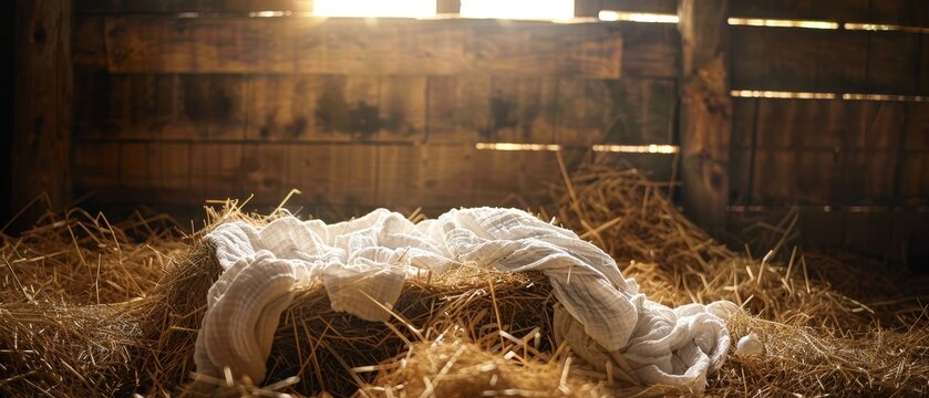 Stable with manger filled with hay and soft cloths on top
