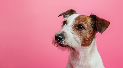 Close up of Parson Russell Terrier in front of pink background