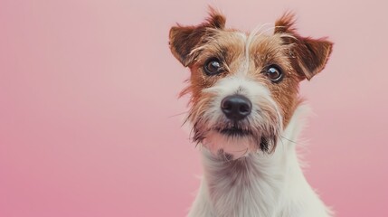 Close up of Parson Russell Terrier in front of pink background