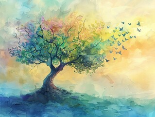 Serene whimsical tree, watercolor pastel bright colors, gentle and tranquil, dreamy ambiance