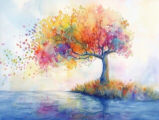 Obraz na płótnie Canvas Serene whimsical tree, watercolor pastel bright colors, gentle and tranquil, dreamy ambiance