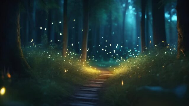 Fantasy forest fairytale with fireflies. Fairy tale woods with motion fog and flying glow fireflies. The path leading through fairytale forest