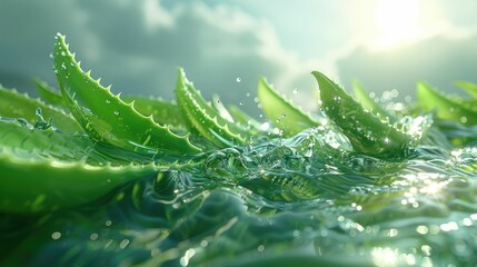 Aloe veras soothing effect on GERD, depicted in a refreshing 3D animation, highlighting natural remedy benefits - obrazy, fototapety, plakaty