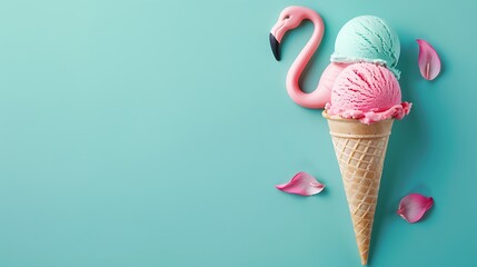 Cornet ice cream with pink flamingo on turquoise blue summer background