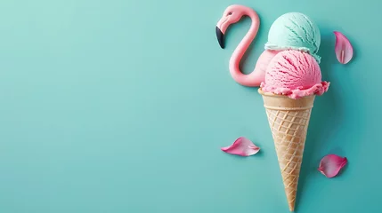 Foto op Plexiglas anti-reflex Cornet ice cream with pink flamingo on turquoise blue summer background © James