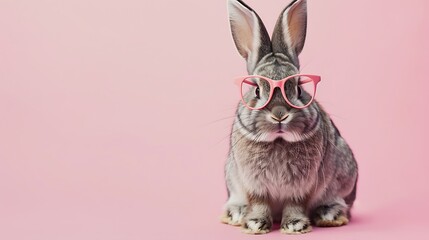 Cute bunny rabbit on pink background with fashionable pair of glasses - obrazy, fototapety, plakaty