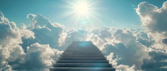 Concept of stairway to heaven. Concept with sun and white clouds. Concept of religion.