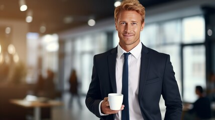businessman having a cup of coffee in the office - obrazy, fototapety, plakaty