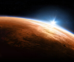 Naklejka premium Planet Mars view from outer space. Panoramic view of the planet Mars and the sun. Space background. Elements of this image furnished by NASA.