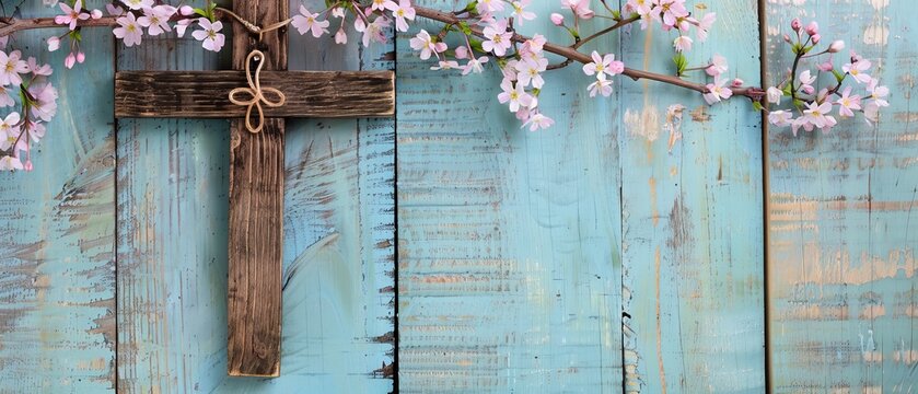 Decorative wooden cross hanging on white and pink spring flowers on a rustic antique wooden background; a religious and spiritual background with teal blue copy space; Easter, religious and spiritual