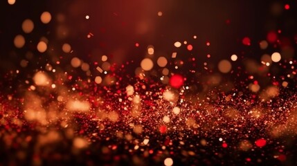Background with abstract gold and red glitter, fireworks. Gold glitter confetti background. Christmas eve, 4th of july holiday concept.