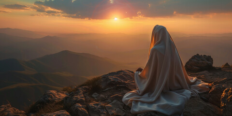 Naklejka premium Angelic person praying to God on a mountain top with sunset. Christian devotion and prayer with serene view.