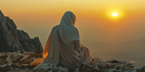 Angelic person praying to God on a mountain top with sunset. Christian devotion and prayer with...