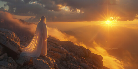 Naklejka premium Angelic person praying to God on a mountain top with sunset. Christian devotion and prayer with serene view.