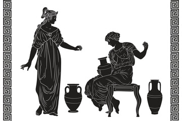An ancient Greek woman sits on a chair and holds a jug of wine in her hands and talking with her friend. Two figures and a Greek meander ornament isolated on white background