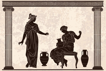 An ancient Greek woman sits on a chair and holds a jug of wine in her hands and talking with her friend in a temple with columns. Two figures and a Greek meander ornament.