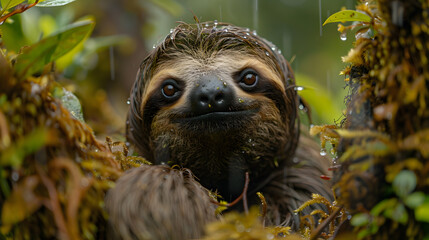 Fototapeta premium A curious sloth, with moss-covered branches as the background, during a gentle rain