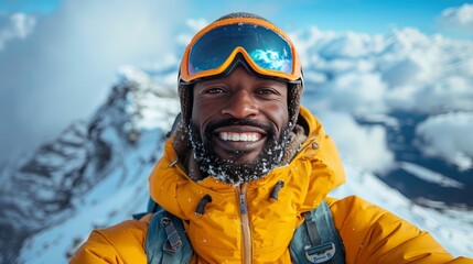 Fototapeta na wymiar smiling african american mountaineer taking a selfie on snowy mountain top