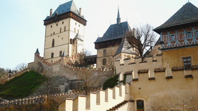 Czech castle Karlstein side view. High quality 4k footage