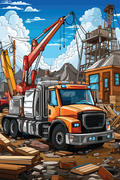 A busy construction site with trucks and tools